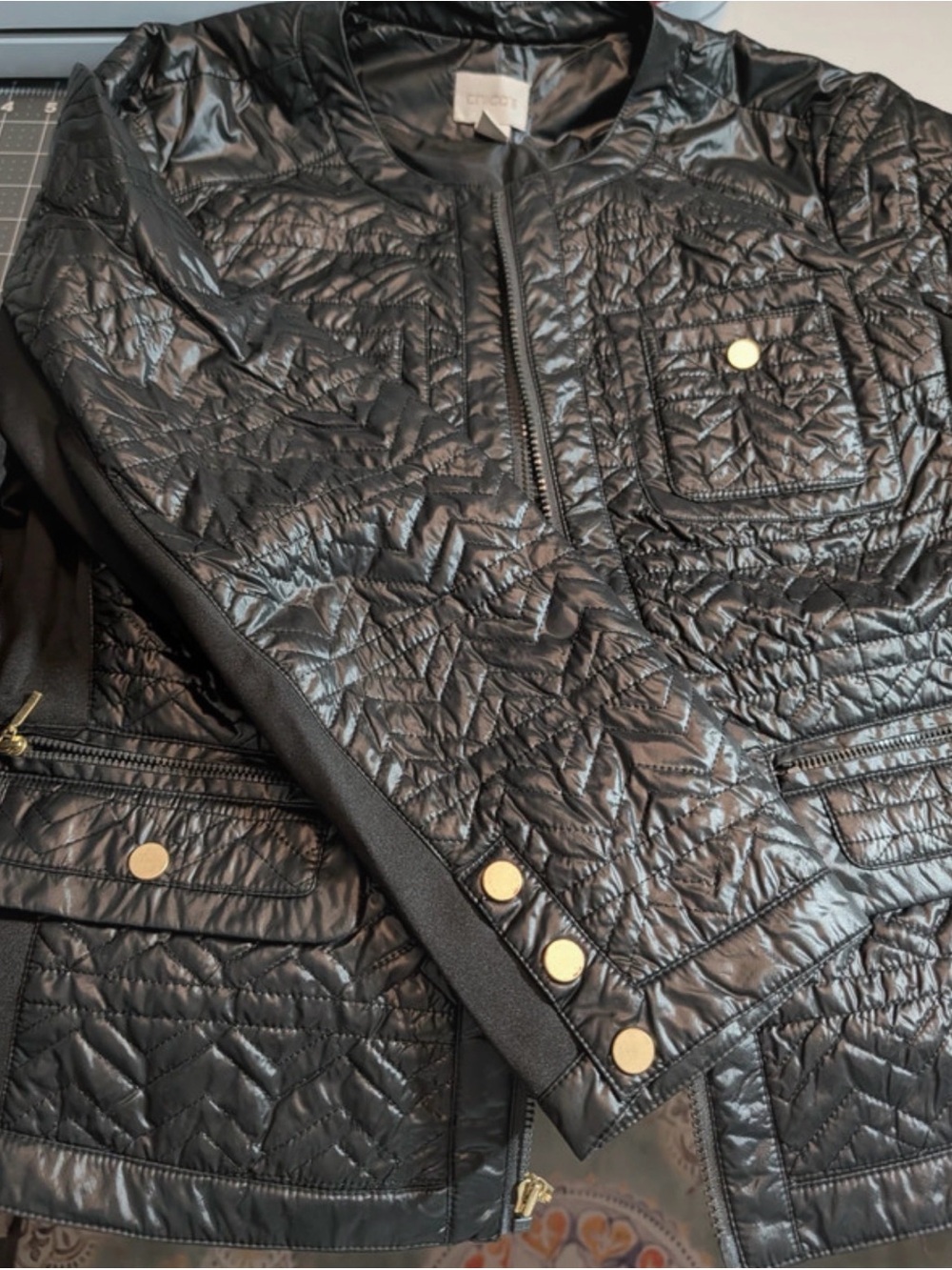 Chico's Black Quilted Jacket with Gold Buttons - Picture 5 of 9